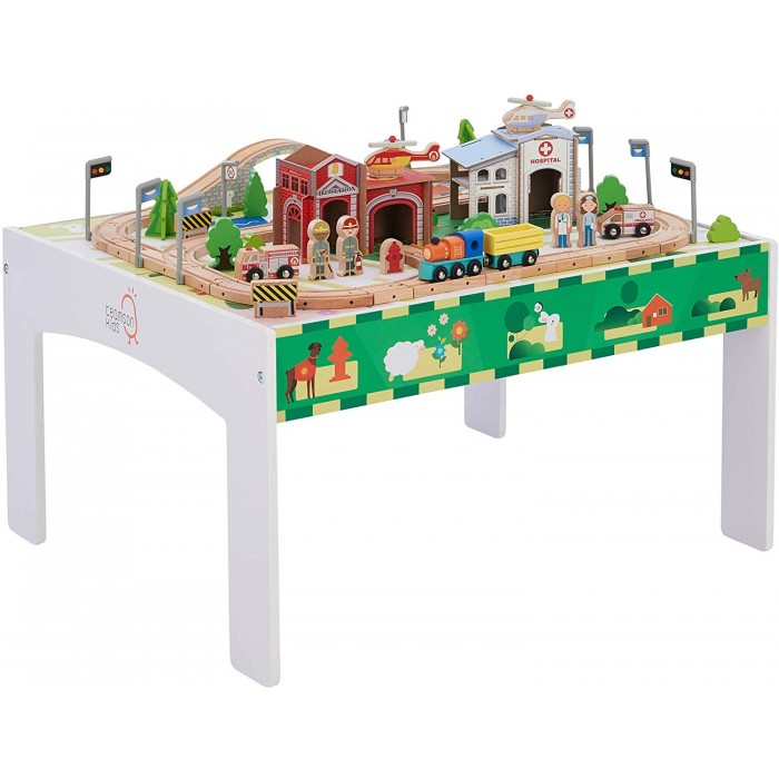 Set Trenulet din lemn Tara Verde - Green Country Wooden Train cu masuta de joaca 